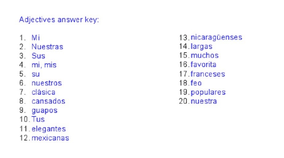 Answers to Spanish Vocabulary